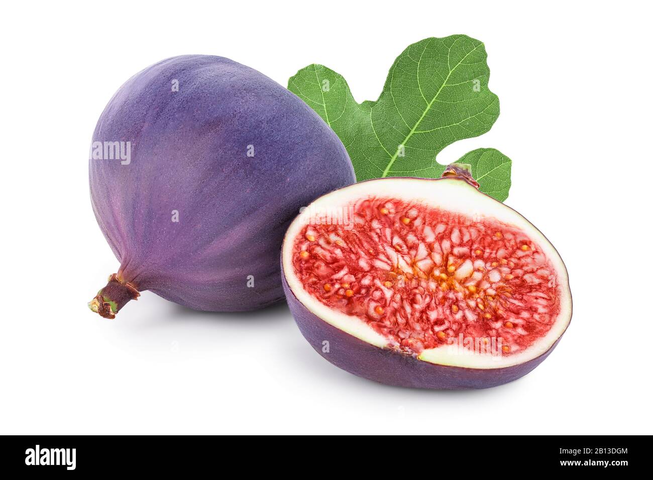 Fresh fig fruit and half with leaf isolated on white background Stock