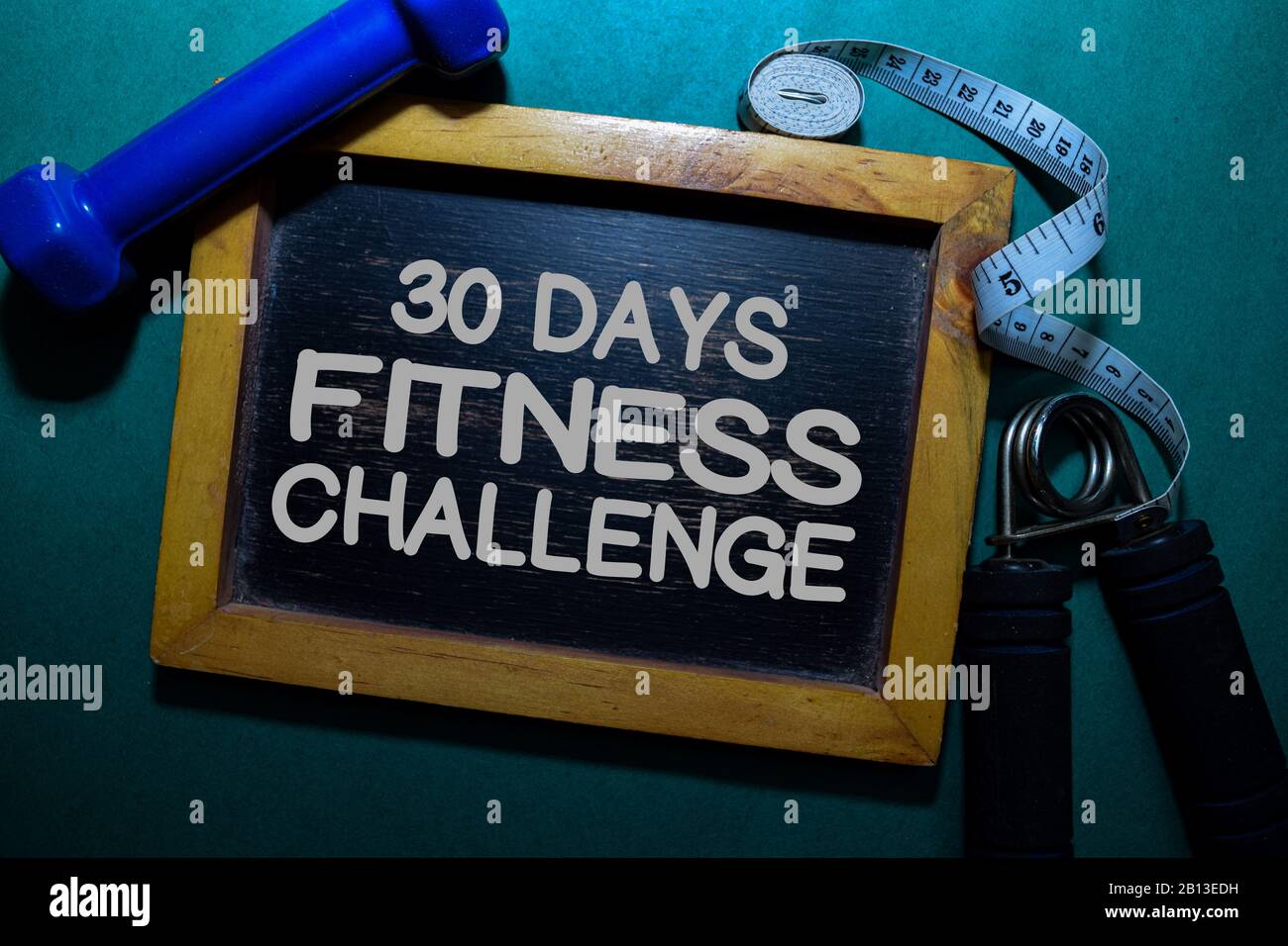 30 Days Fitness Challenge Write On A Black Board Isolated On Office Desk Stock Photo Alamy
