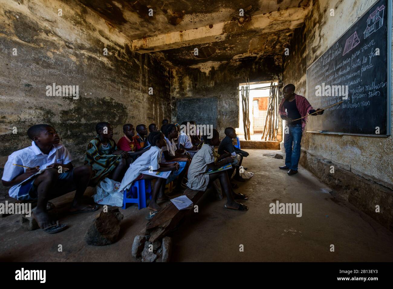 A rural school in a destroyed building in southern Angola,Africa Stock Photo