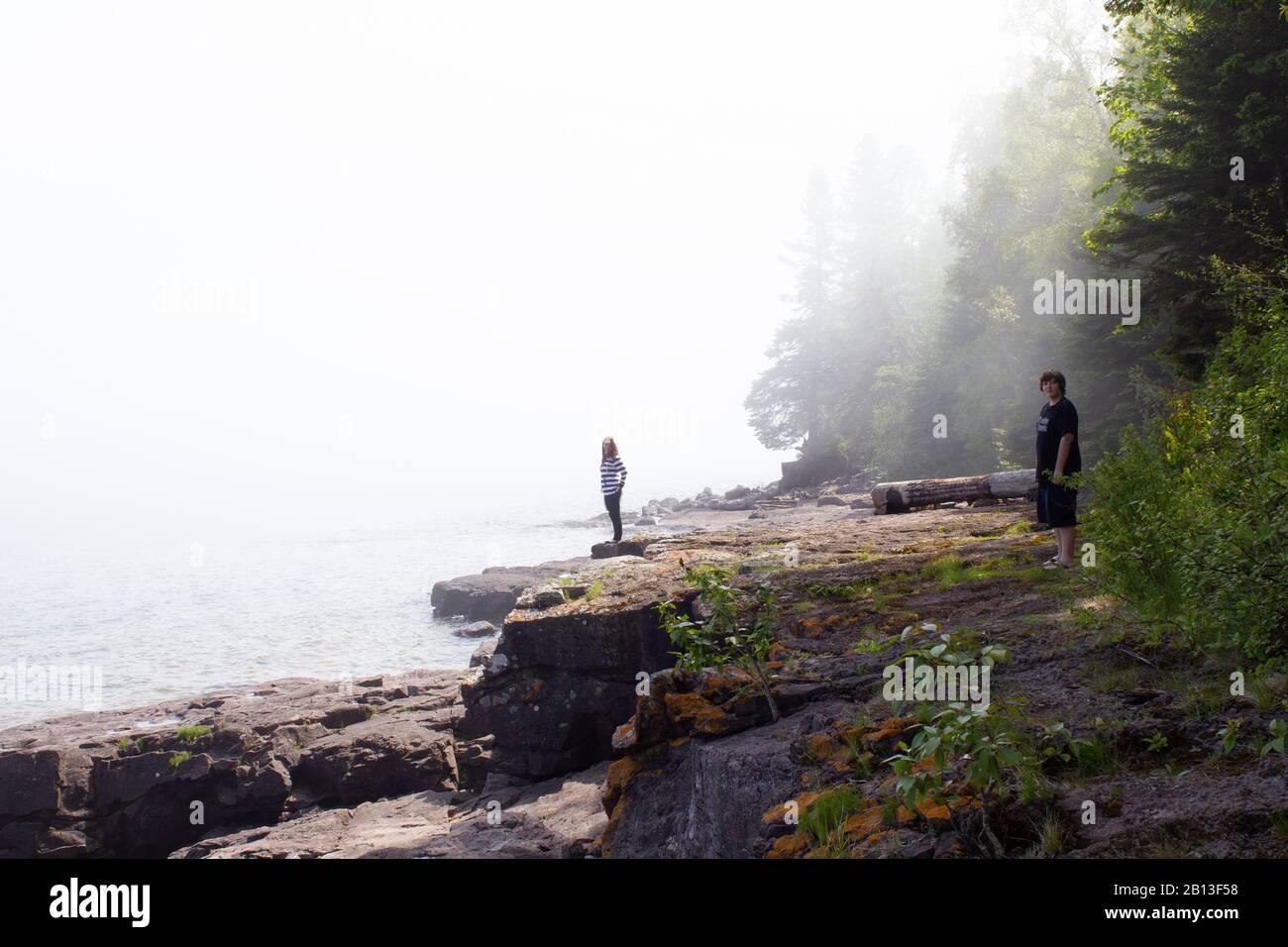 Lake Superior Shore with Fog in Two Harbors, Minnesota Stock Photo