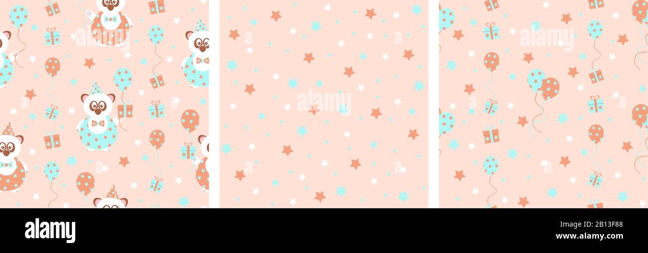 set of 3 seamless vector patterns with cute party panda bear with gifts and balloons, in soft pastel colors, orange and blue Stock Vector