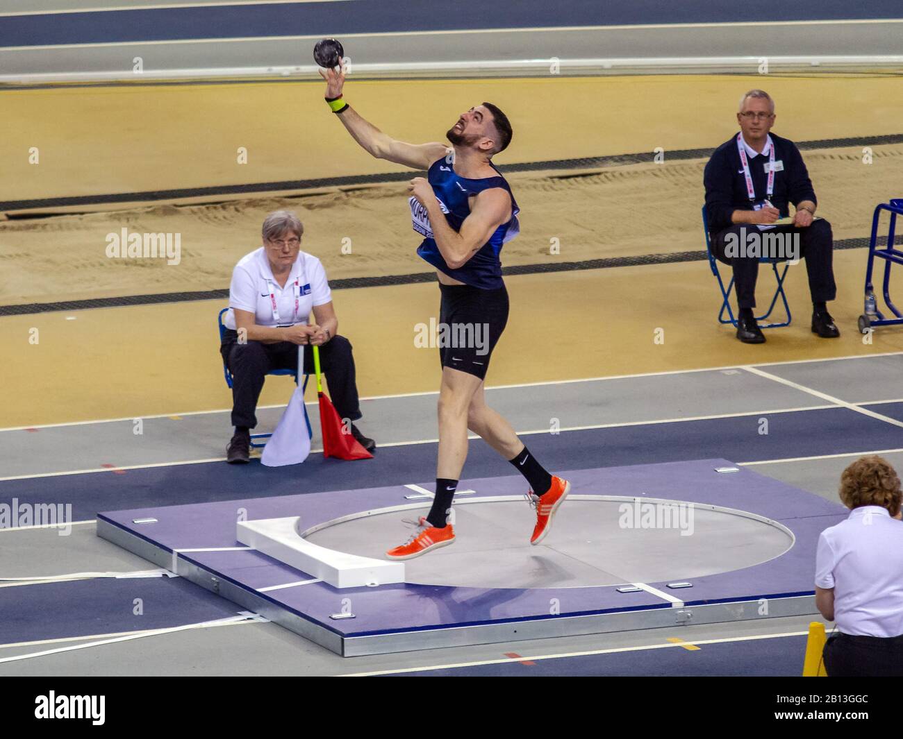 Glasgow, Scotland, UK. 22nd Feb, 2020. Andrew Murphy (Kilbarchan) in action during the men's shot put final, during Day 1 of the Glasgow 2020 SPAR British Athletics Indoor Championships, at the Emirates Arena. Credit: Iain McGuinness/Alamy Live News Stock Photo