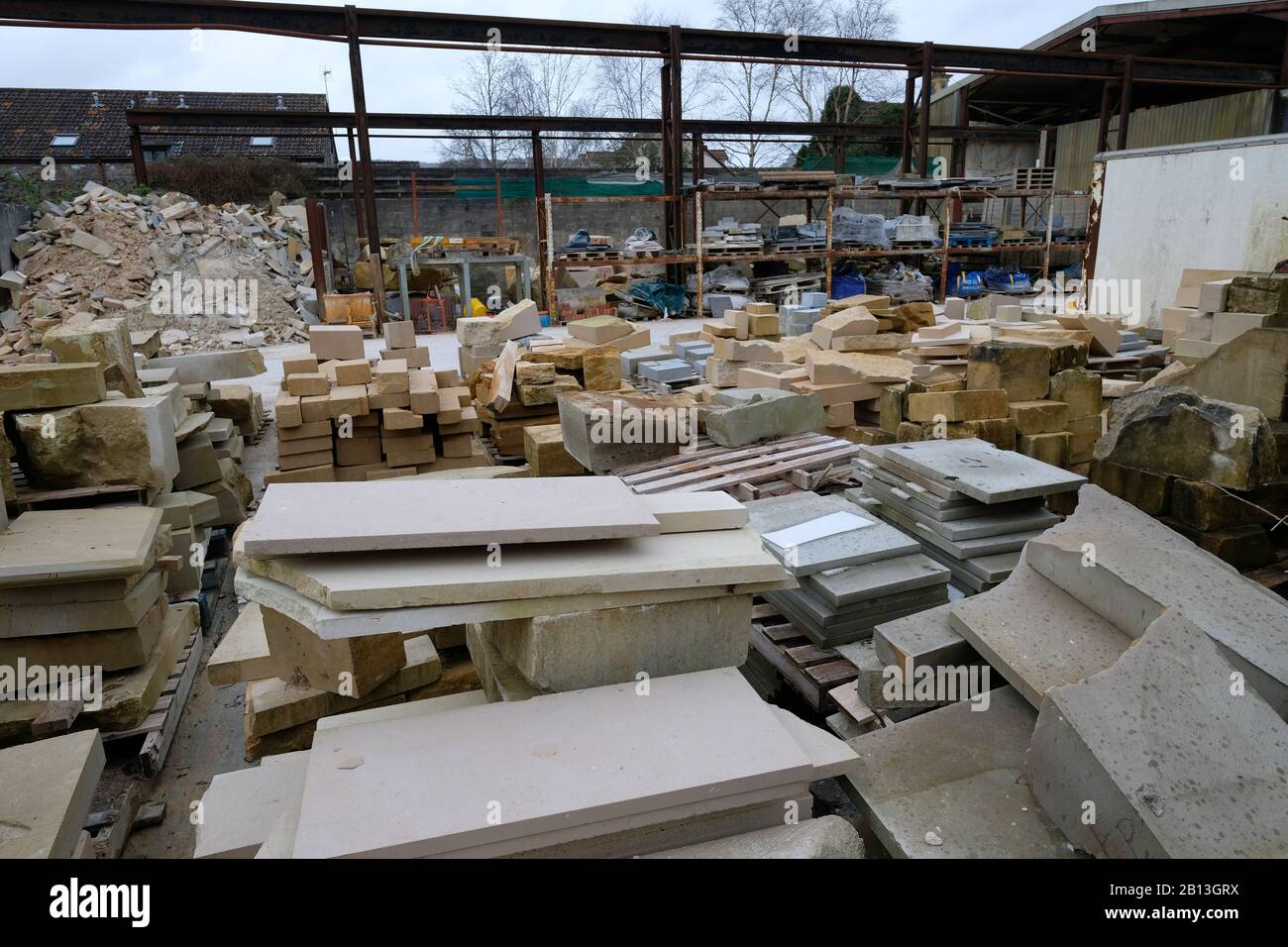 Feb 2020 Traditional small stone masons yard in Somerset Stock Photo