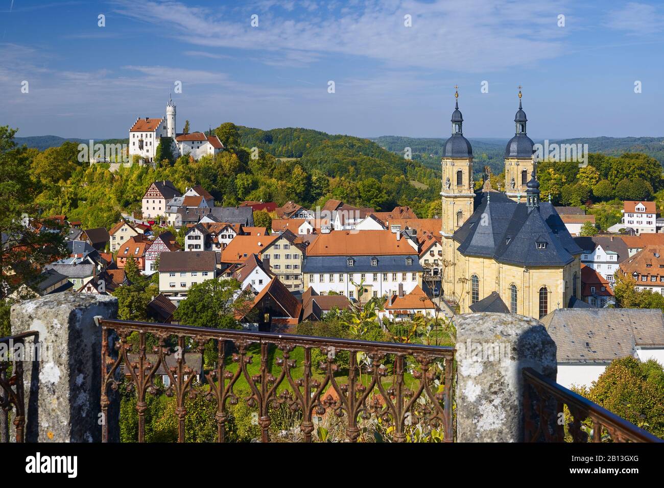 View from the Kreuzberg on Pilgrimage Church and castle,Goessweinstein,Upper Franconia,Bavaria,Germany Stock Photo