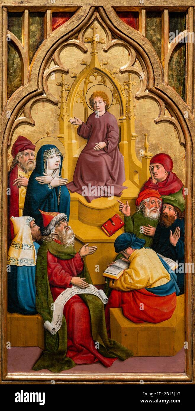 The Twelve-Year-Old Jesus in the Temple. c. 1445. Painting on fir. By the Master of the Lichtenstein Castle. Stock Photo