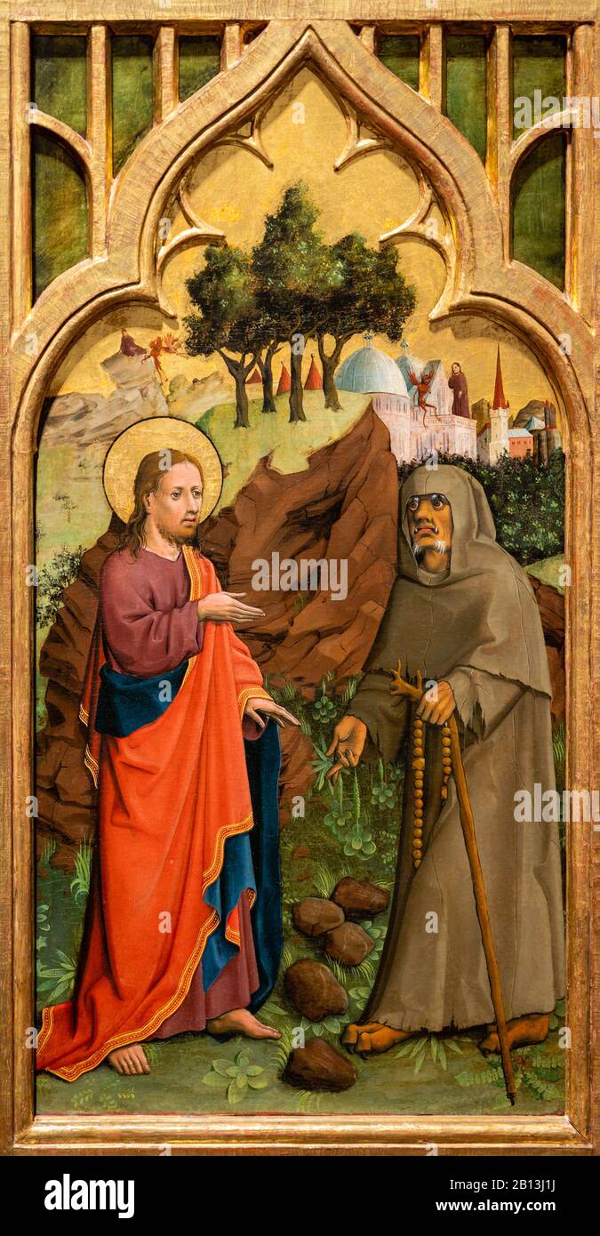 The Temptation of Christ. c. 1445. Painting on fir. By the Master of the Lichtenstein Castle. Stock Photo