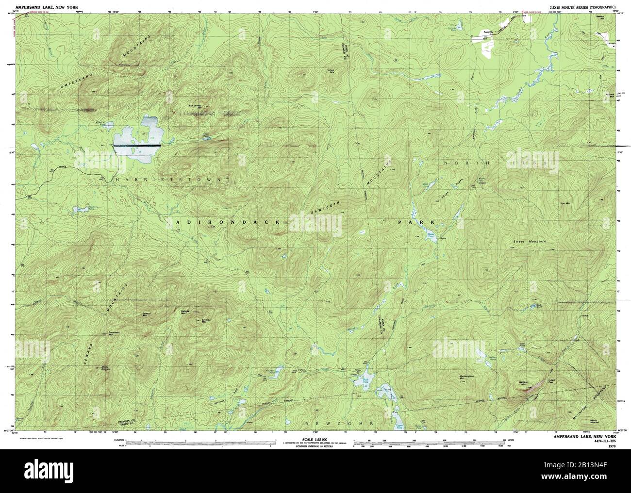 Highly detailed view of the 1978 topographic map for Ampersand Lake, NY Stock Photo