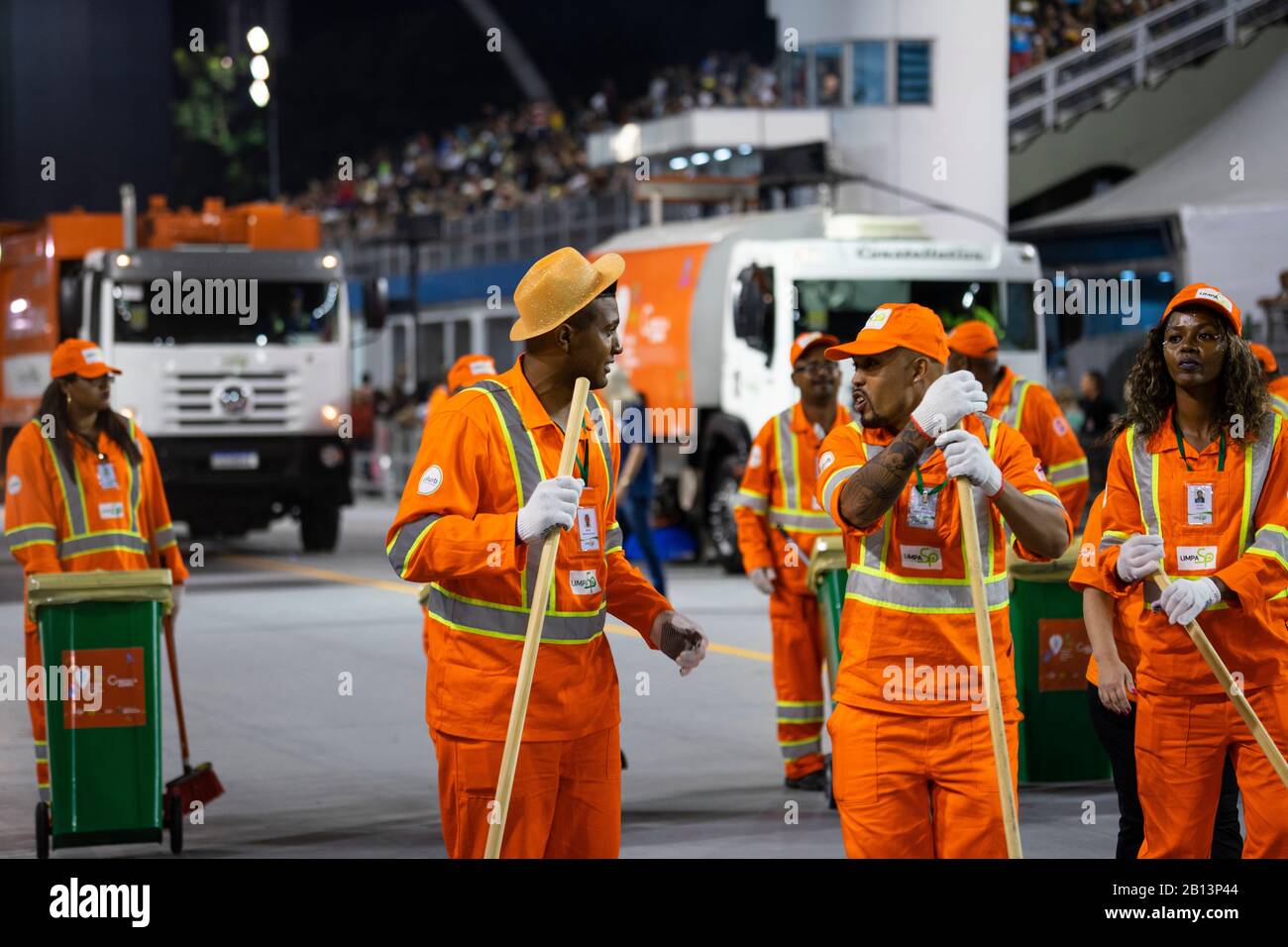 Even the cleaning crew between Samba schools takes full part part in the festivities surrounding carnival Stock Photo