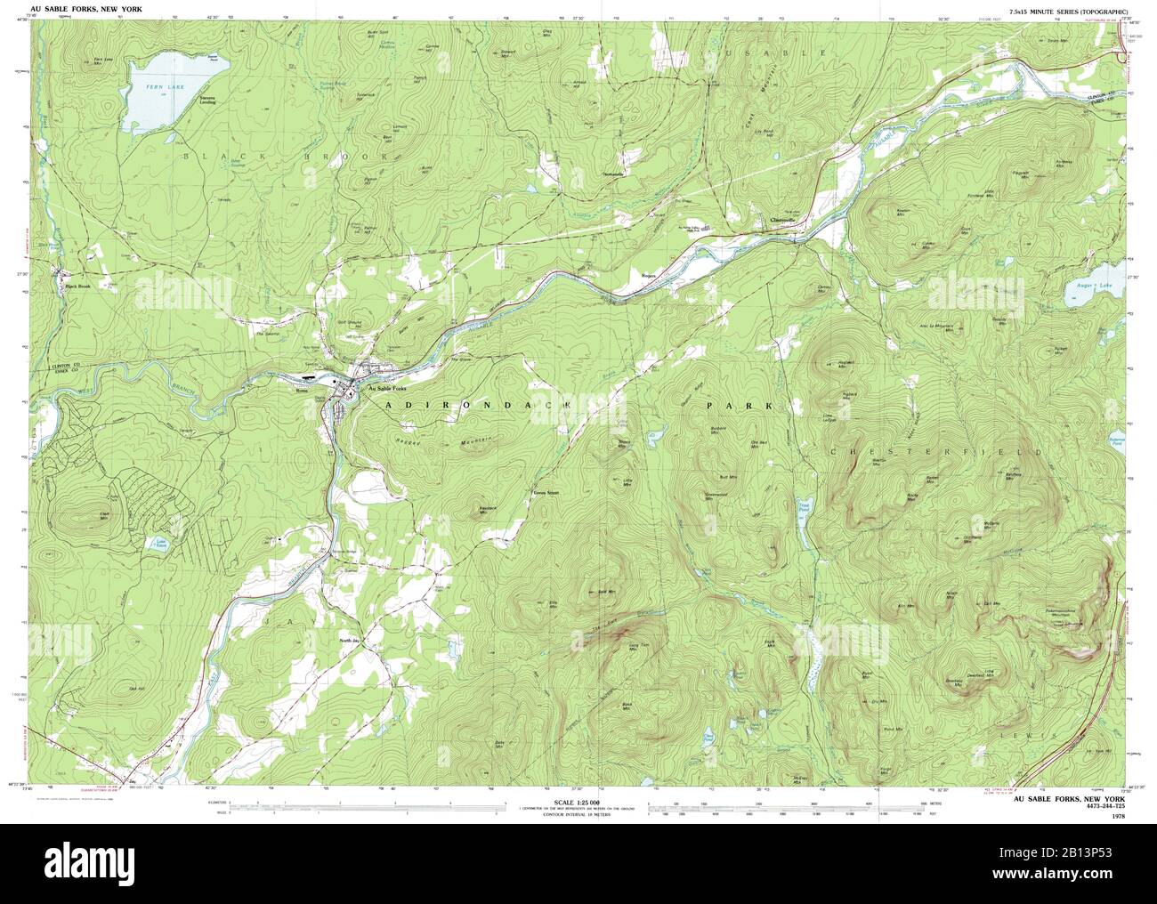 Highly detailed view of the 1978 topographic map for Au Sable Forks, NY Stock Photo