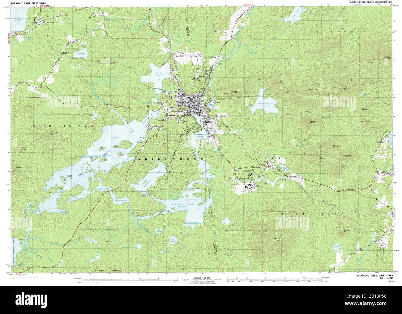 Highly detailed view of the 1979 topographic map for Saranac Lake, NY