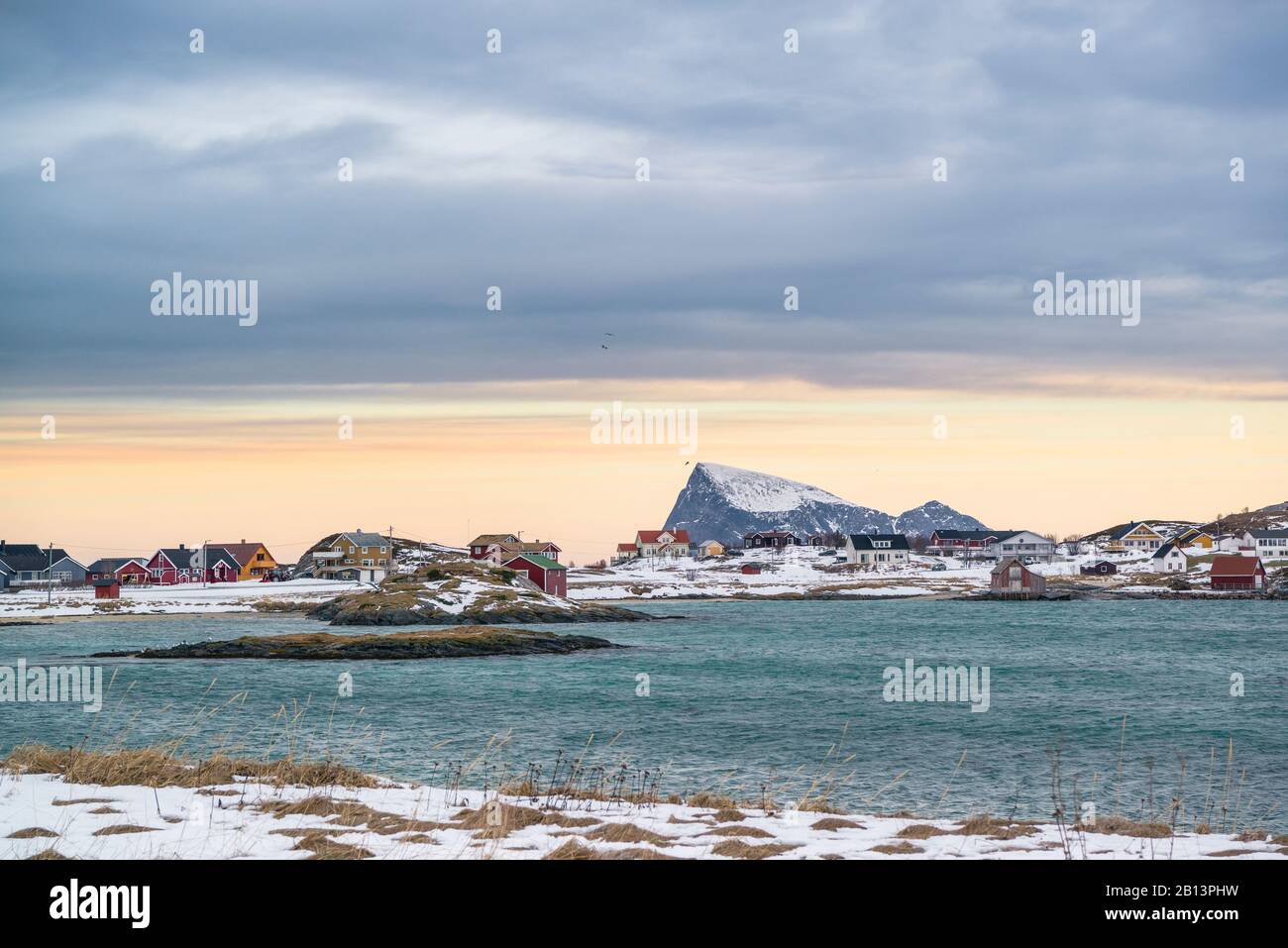 Coastal landscape on the island of Sommarøy overlooking the island of Håja,Norway Stock Photo
