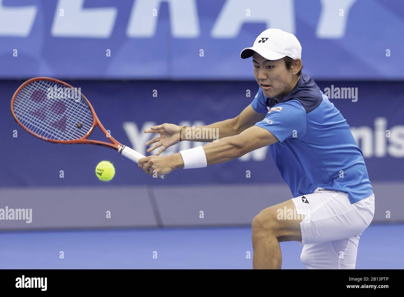 February 22, 2020, Delray Beach, Florida, United States: FEBRUARY 22 - Delray Beach: Yoshihito Nishioka(JPN) in action here defeats Ugo Humbert(FRA) in 3 sets to make the finals at the 2020 Delray Beach Open by Vitacost.com in Delray Beach, Florida.(Photo credit: Andrew Patron/Zuma Press Newswire) (Credit Image: © Andrew Patron/ZUMA Wire) Stock Photo