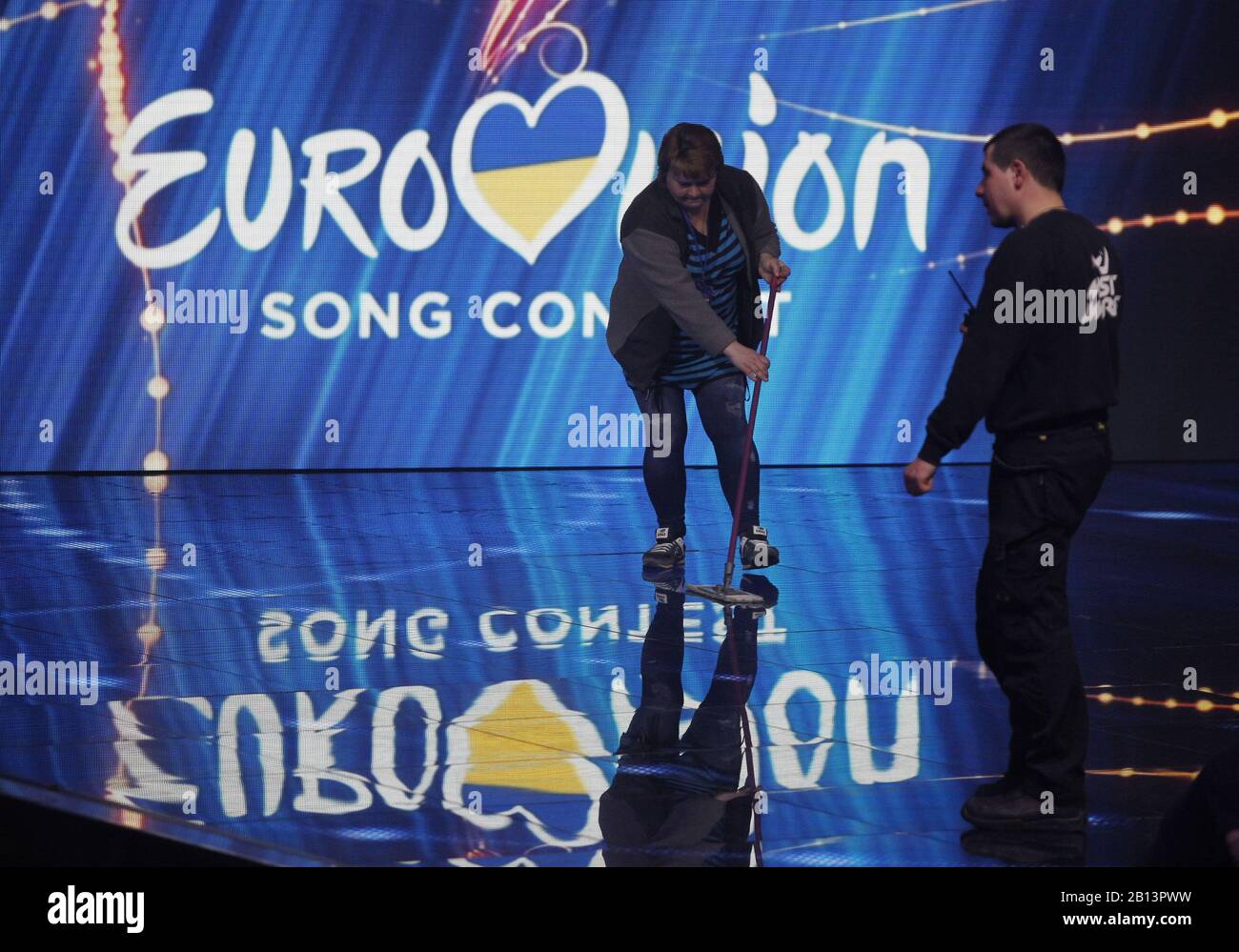 Kiev, Ukraine. 22nd Feb, 2020. Staff prepare the stage during the Eurovision Song Contest (ESC) 2020 national selection final in Kiev, Ukraine, on 22 February 2020. Ukrainian band GÐ¾ A with 'Solovey' song will represents Ukraine during the 2020 the Eurovision Song Contest contest in Rotterdam, Netherlands, from 12 to 16 May 2020. Credit: Serg Glovny/ZUMA Wire/Alamy Live News Stock Photo