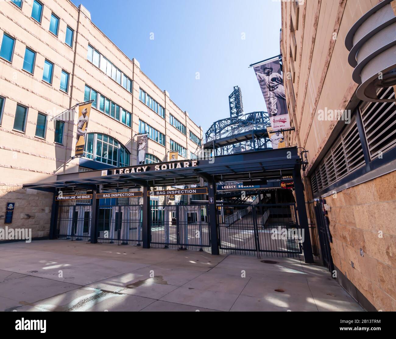 The Legacy Square entrance gate to PNC Park where the Pittsburgh Pirates play on the north side of the city on a sunny winter day, Pittsburgh, PA, USA Stock Photo
