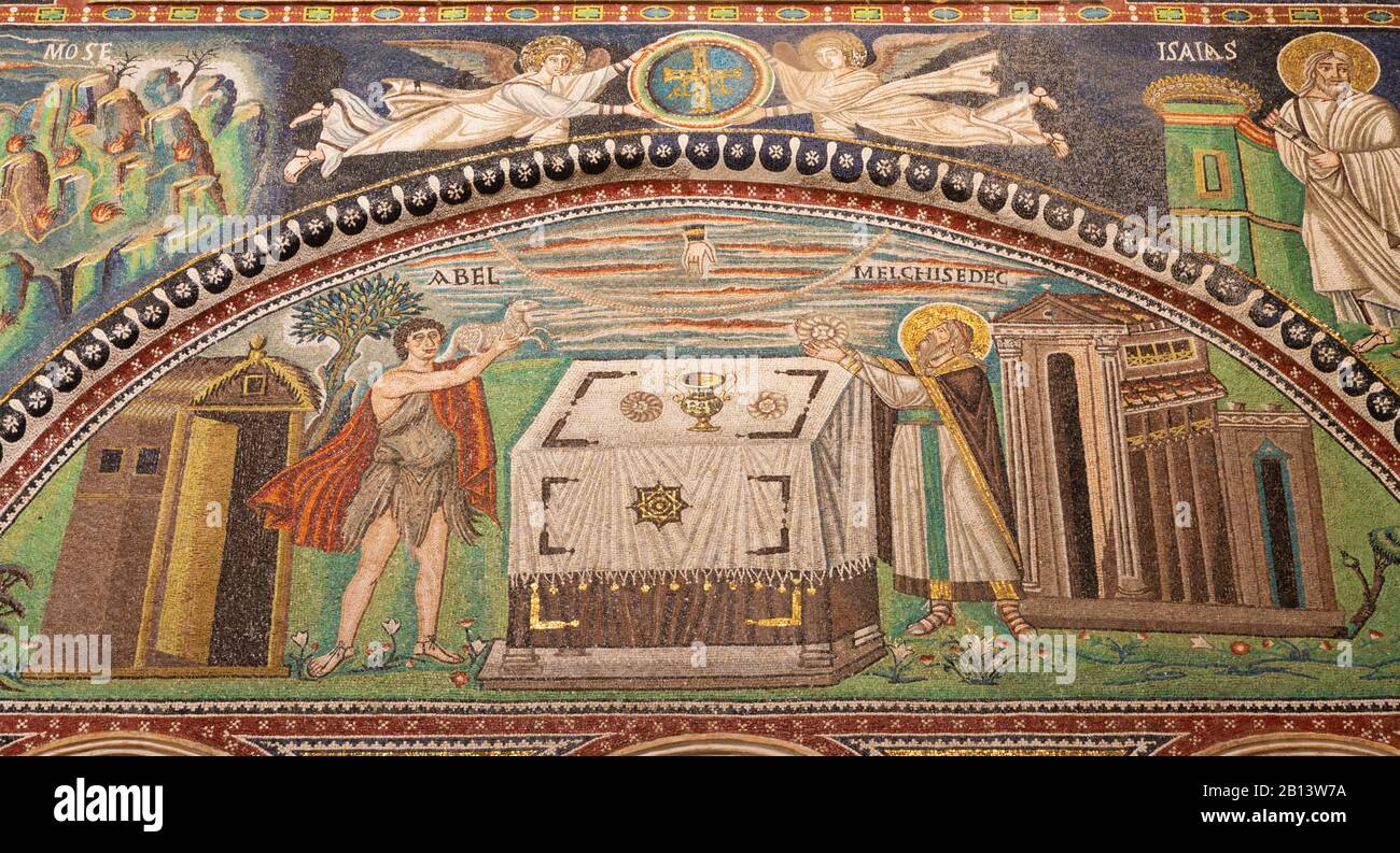 RAVENNA, ITALY - JANUARY 28, 2020: The mosaic of The offer of Melchizedek  in presbytery of the church Basilica di San Vitale from the 6. cent. Stock Photo