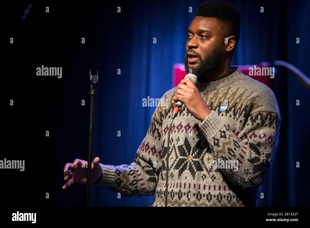 Seattle, United States. 22nd Feb, 2020. Regional Field Director Shaun Scott speaks at Ballard Canvass Launch at Tractor Tavern on February 22, 2020 in Seattle, Washington. Credit: The Photo Access/Alamy Live News Stock Photo