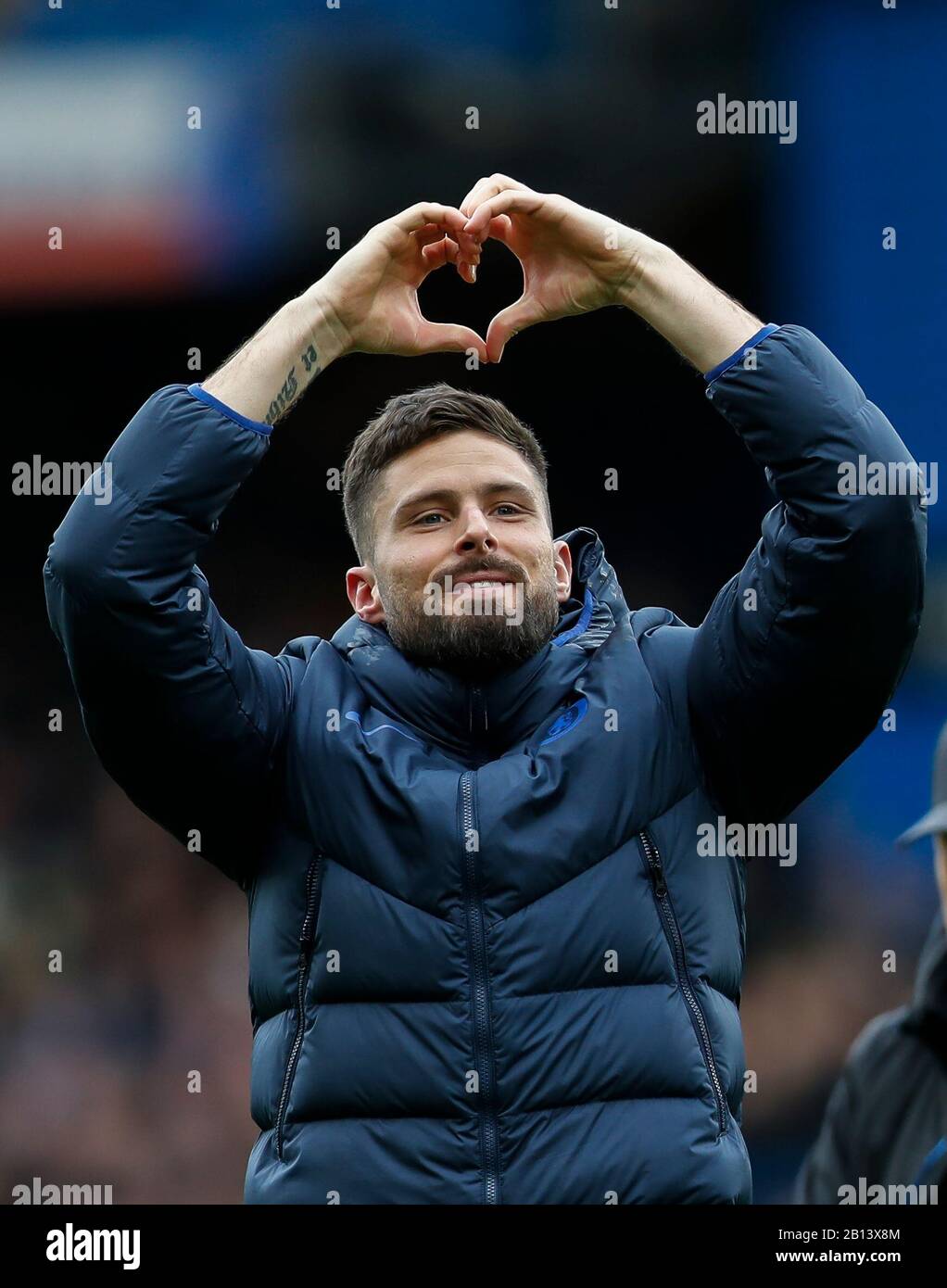 London, UK. 22nd Feb, 2020. Chelsea's Olivier Giroud gestures after the Premier League London Derby match between Chelsea and Tottenham Hotspur at Stamford Bridge Stadium in London, Britain on Feb. 22, 2020. Credit: Han Yan/Xinhua/Alamy Live News Stock Photo