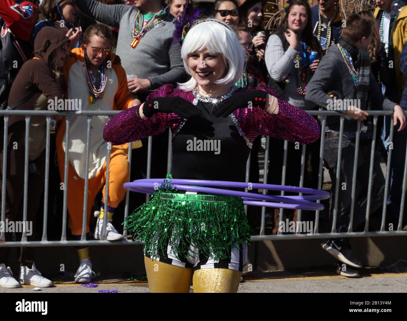 St. Louis, United States. 22nd Feb, 2020. A participant in the St. Louis Mardi Gras Parade, performs with hula hoops in St. Louis on Saturday, February 22, 2020. Photo by Bill Greenblatt/UPI Credit: UPI/Alamy Live News Stock Photo
