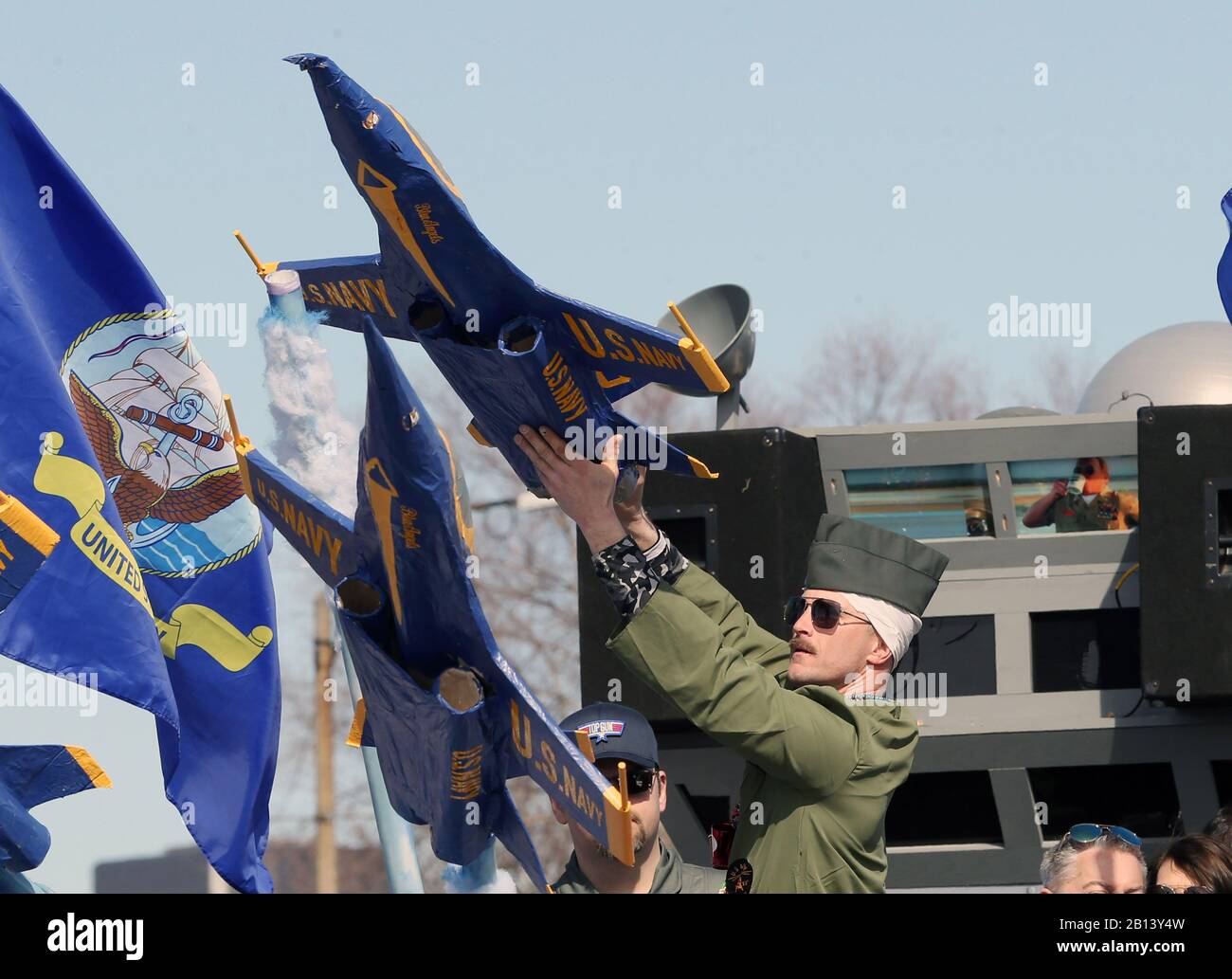 St. Louis, United States. 22nd Feb, 2020. A participant in the St. Louis Mardi Gras Parade displays a Blue Angels jet in St. Louis on Saturday, February 22, 2020. The St. Louis Blues, winner of the 2019 Stanley Cup, were the theme of the Mardi Gras Parade, thus the Blue Angels. Photo by Bill Greenblatt/UPI Credit: UPI/Alamy Live News Stock Photo