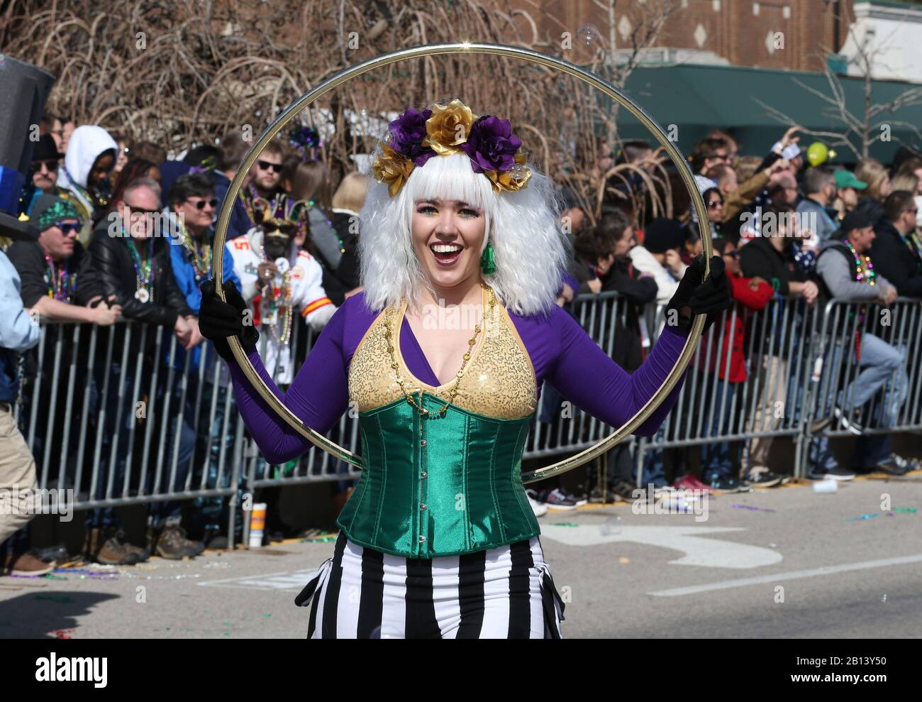 St. Louis, United States. 22nd Feb, 2020. A woman performs with a hula hoop as she walks in the St. Louis Mardi Gras Parade in St. Louis on Saturday, February 22, 2020. Photo by Bill Greenblatt/UPI Credit: UPI/Alamy Live News Stock Photo