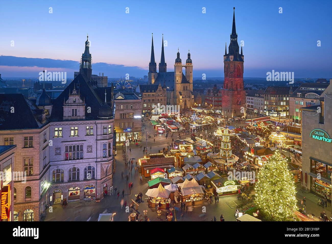 Christmas market with Marktkiche St. Marien and Roter Turm in Halle -Saale,Saxony-Anhalt,Germany Stock Photo