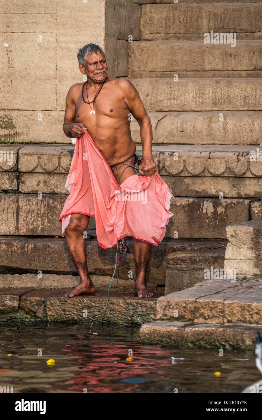 Ceremony bathing in the Ganga river, Varanasi, India, Asia Stock Photo