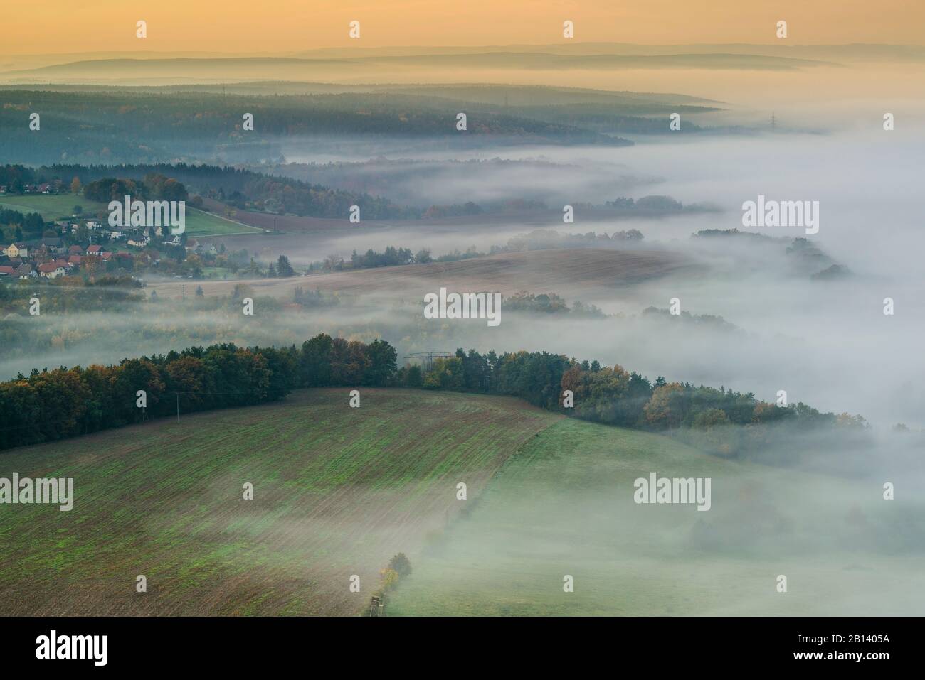 Morning fog over the Saale valley,Leuchtenburg,Seitenroda,Kahla,Thuringia,Germany Stock Photo