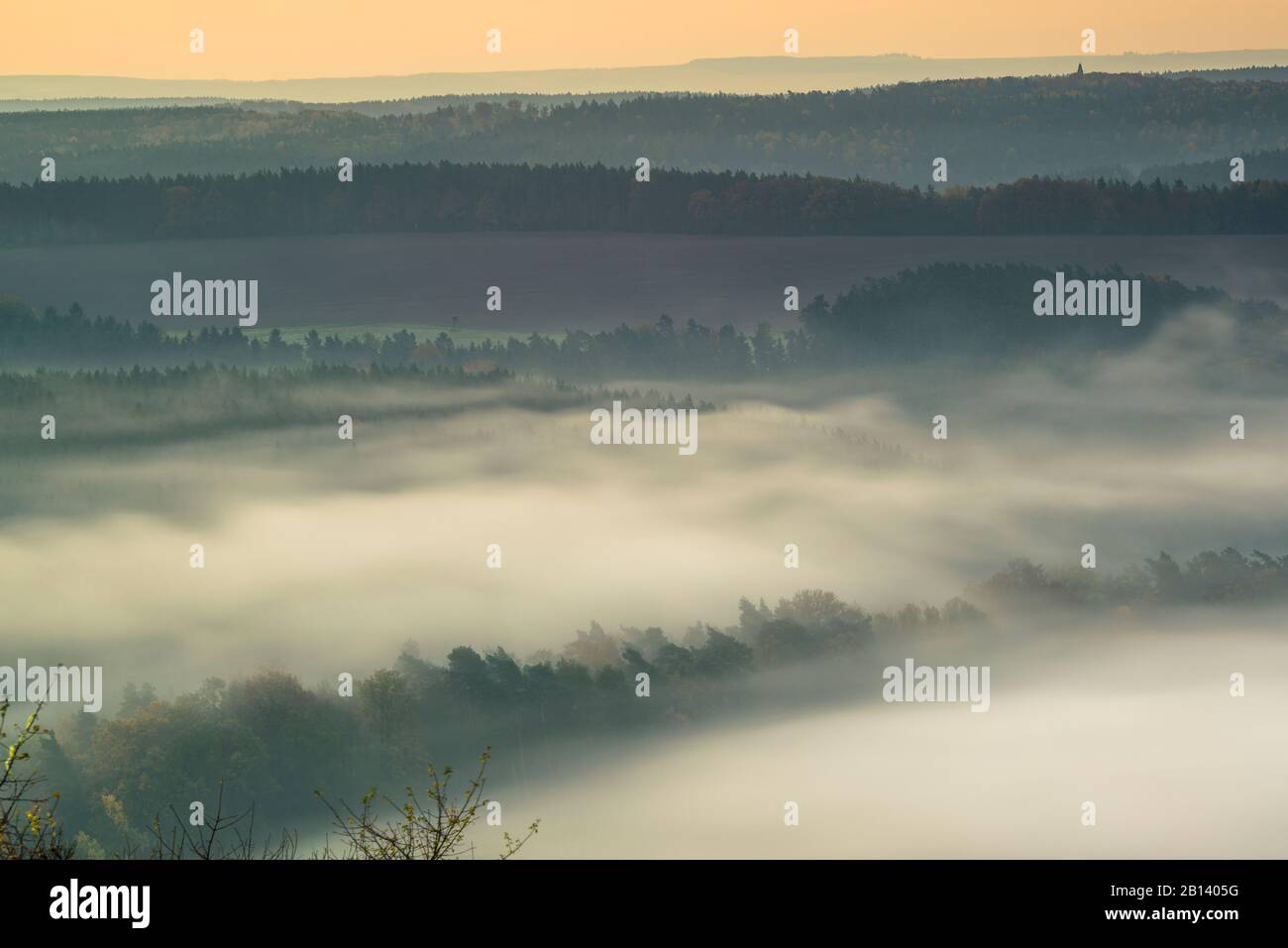 Morning fog over the Saale valley,Leuchtenburg,Seitenroda,Kahla,Thuringia,Germany Stock Photo