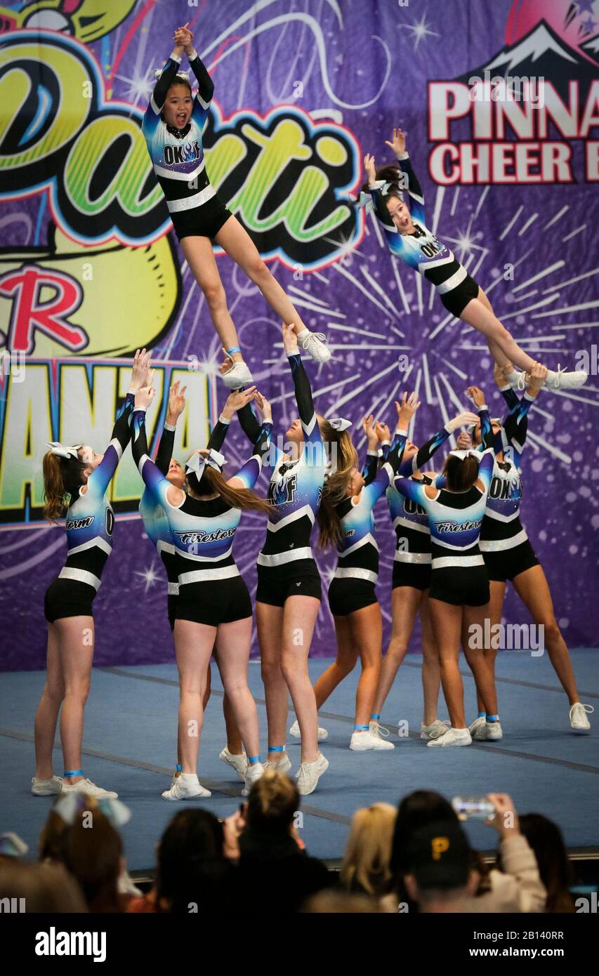 Richmond, Canada. 22nd Feb, 2020. Athletes perform during the 8th 'Mardi Parti' Cheer Extravaganza at Richmond Olympic Oval in Richmond, Canada, Feb. 22, 2020. Thousands of cheerleading athletes of different levels teamed up to participate in the annual event. Credit: Liang Sen/Xinhua/Alamy Live News Stock Photo