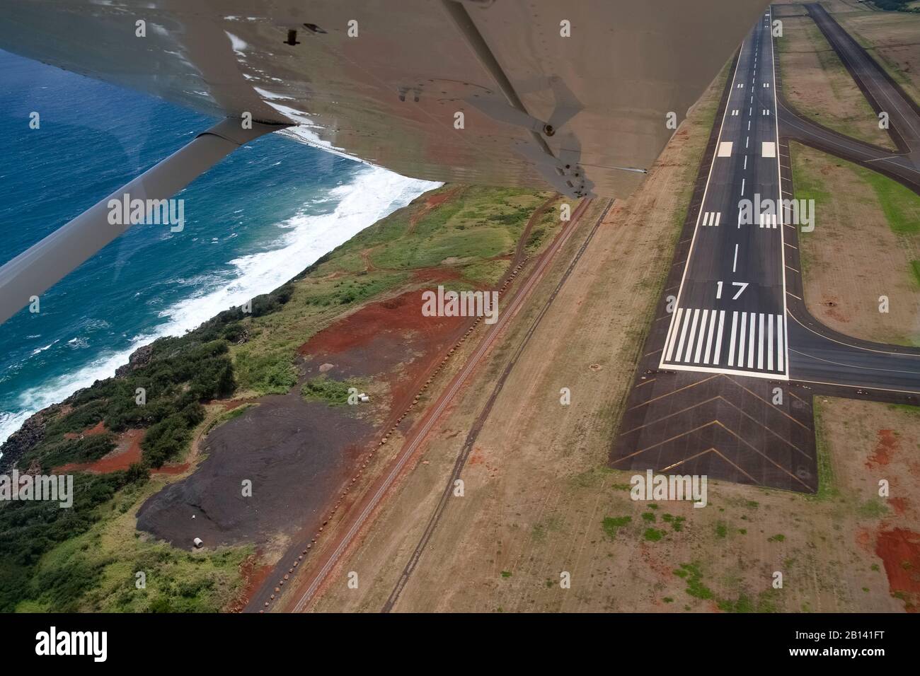 View from plane, Lihue Airport, Kauai Island, Hawaii, USA Stock Photo