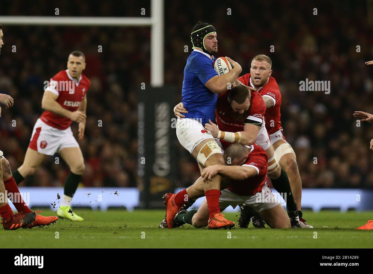 Cardiff, UK. 22nd Feb, 2020. Wales players Ken Owens (bottom right), Jake Ball and Ross Moriarty combine to tackle Gregory Alldritt of France. Wales v France, Guinness Six Nations championship 2020 international rugby match at the Principality Stadium in Cardiff, Wales, UK on Saturday 22nd February 2020. pic by Andrew Orchard/Alamy Live News PLEASE NOTE PICTURE AVAILABLE FOR EDITORIAL USE ONLY Stock Photo