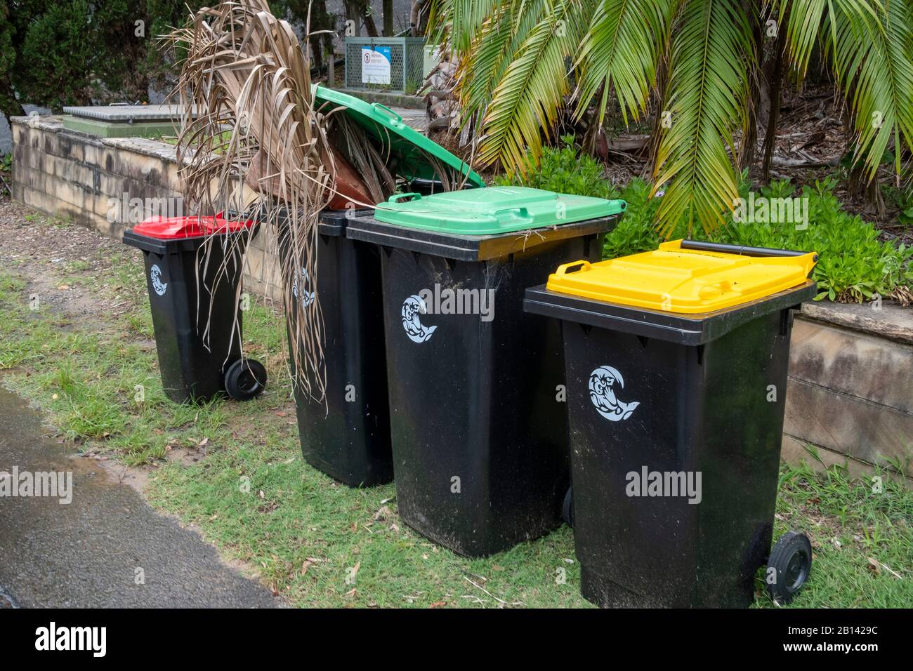 Australia household wheelie bins in Whale beach, green for vegetation, red for general waste, and yellow for containers and glass,Sydney,Australia Stock Photo