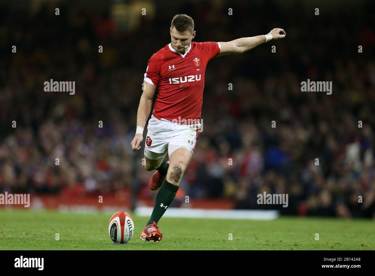 Cardiff, UK. 22nd Feb, 2020. Dan Biggar of Wales kicks a penalty. Wales v France, Guinness Six Nations championship 2020 international rugby match at the Principality Stadium in Cardiff, Wales, UK on Saturday 22nd February 2020. pic by Andrew Orchard/Alamy Live News PLEASE NOTE PICTURE AVAILABLE FOR EDITORIAL USE ONLY Stock Photo
