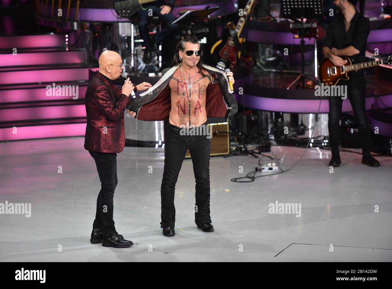 Napoli, Italy. 22nd Feb, 2020. (L)Enrico Ruggeri and Piero Pelù (R) during the second episode of new edition of the television musical show 'Una Storia Da Cantare' on Rai1 live from the Auditorium Rai of Napoli (Photo by Paola Visone/Pacific Press) Credit: Pacific Press Agency/Alamy Live News Stock Photo