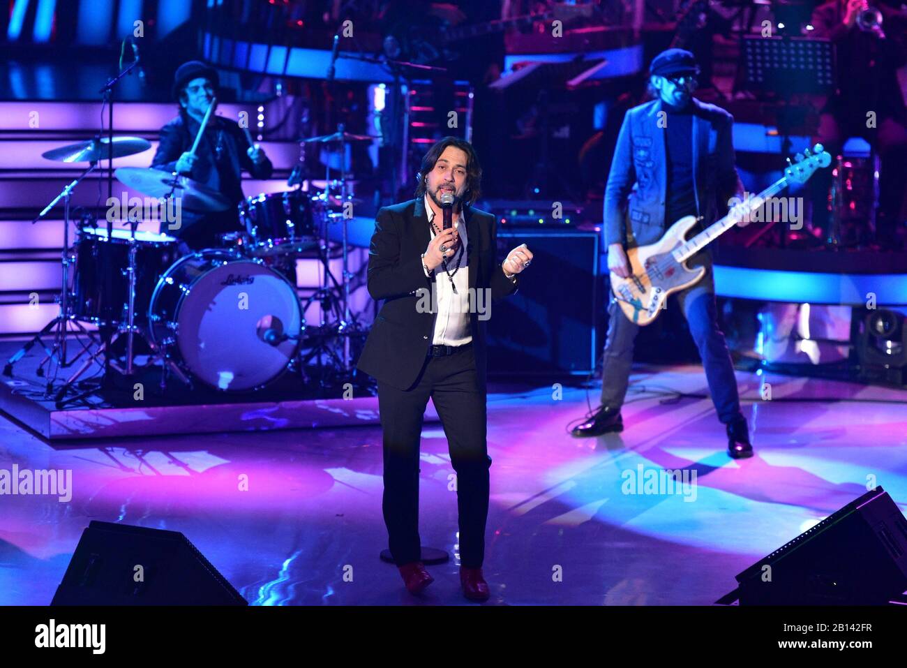 Napoli, Italy. 22nd Feb, 2020. Le Vibrazioni during the second episode of new edition of the television musical show 'Una Storia Da Cantare' on Rai1 live from the Auditorium Rai of Napoli (Photo by Paola Visone/Pacific Press) Credit: Pacific Press Agency/Alamy Live News Stock Photo