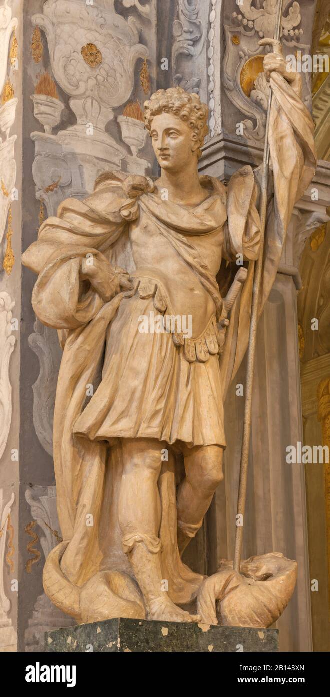 FERRARA, ITALY - JANUARY 30, 2020: The statue of St. George in church Basilica di San Giorgio fuori le mura by Francesco Casella from 16. cent. Stock Photo