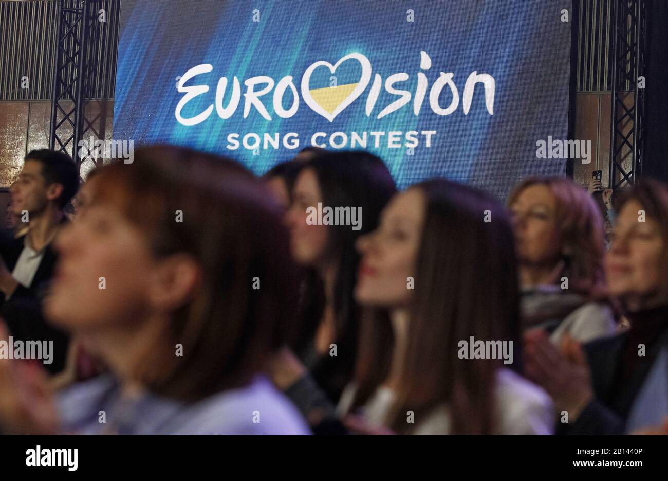 Kiev, Ukraine. 22nd Feb, 2020. Visitors watch the 2020 Eurovision Song Contest (ESC) national selection show in Kiev.Ukrainian band Go A with song Solovey will represent Ukraine at the 2020 Eurovision Song Contest (ESC) in Netherlands. The 65th anniversary Eurovision song contest will be held in Rotterdam (Netherlands) from May 12 to May 16, 2020. Ukraine, which missed the competition last year, intends to return to participation in 2020. Credit: SOPA Images Limited/Alamy Live News Stock Photo