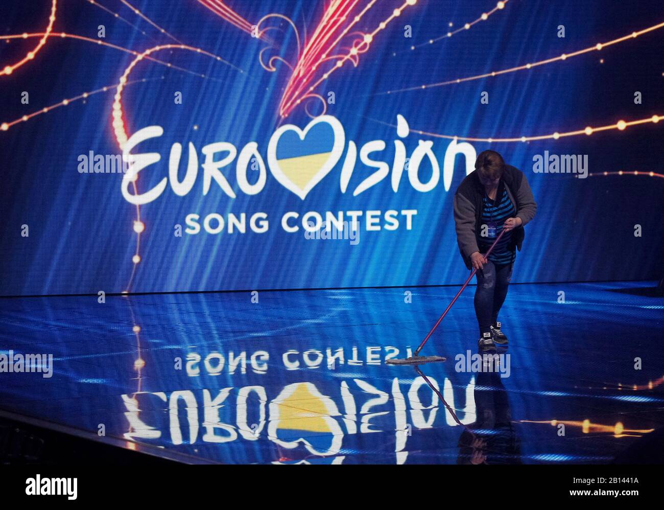 Kiev, Ukraine. 22nd Feb, 2020. A worker cleans the stage during the 2020 Eurovision Song Contest (ESC) national selection show in Kiev.Ukrainian band Go A with song Solovey will represent Ukraine at the 2020 Eurovision Song Contest (ESC) in Netherlands. The 65th anniversary Eurovision song contest will be held in Rotterdam (Netherlands) from May 12 to May 16, 2020. Ukraine, which missed the competition last year, intends to return to participation in 2020. Credit: SOPA Images Limited/Alamy Live News Stock Photo