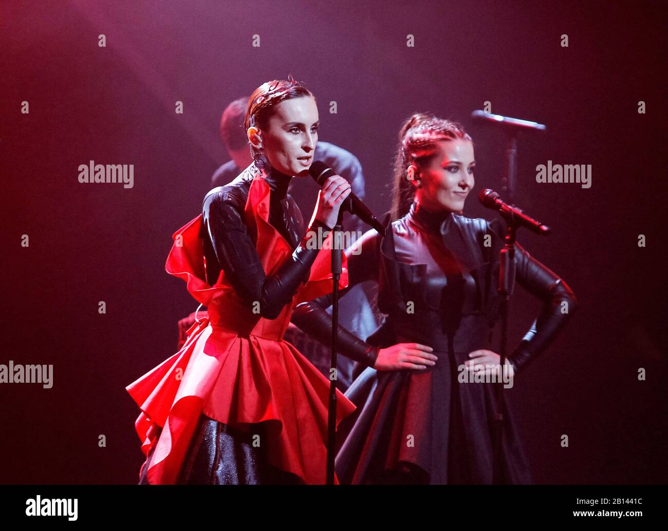 Kiev, Ukraine. 22nd Feb, 2020. Ukrainian band Go A with singer Kateryna Pavlenko (L) perform live on a stage during the 2020 Eurovision Song Contest (ESC) national selection show in Kiev.Ukrainian band Go A with song Solovey will represent Ukraine at the 2020 Eurovision Song Contest (ESC) in Netherlands. The 65th anniversary Eurovision song contest will be held in Rotterdam (Netherlands) from May 12 to May 16, 2020. Ukraine, which missed the competition last year, intends to return to participation in 2020. Credit: SOPA Images Limited/Alamy Live News Stock Photo