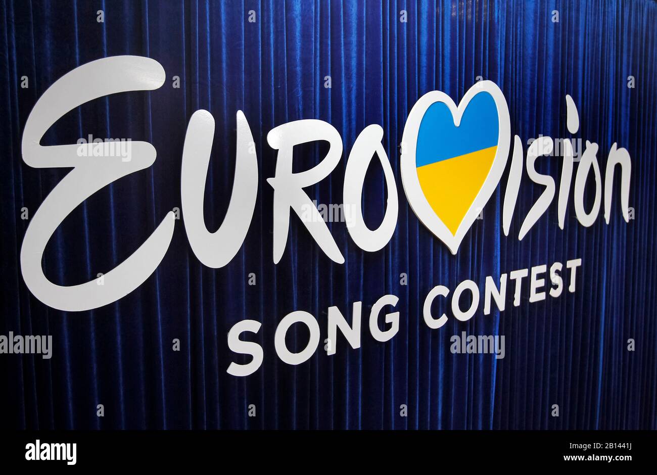 Kiev, Ukraine. 22nd Feb, 2020. The Eurovision Song Contest logo is seen during the 2020 Eurovision Song Contest (ESC) national selection show in Kiev.Ukrainian band Go A with song Solovey will represent Ukraine at the 2020 Eurovision Song Contest (ESC) in Netherlands. The 65th anniversary Eurovision song contest will be held in Rotterdam (Netherlands) from May 12 to May 16, 2020. Ukraine, which missed the competition last year, intends to return to participation in 2020. Credit: SOPA Images Limited/Alamy Live News Stock Photo