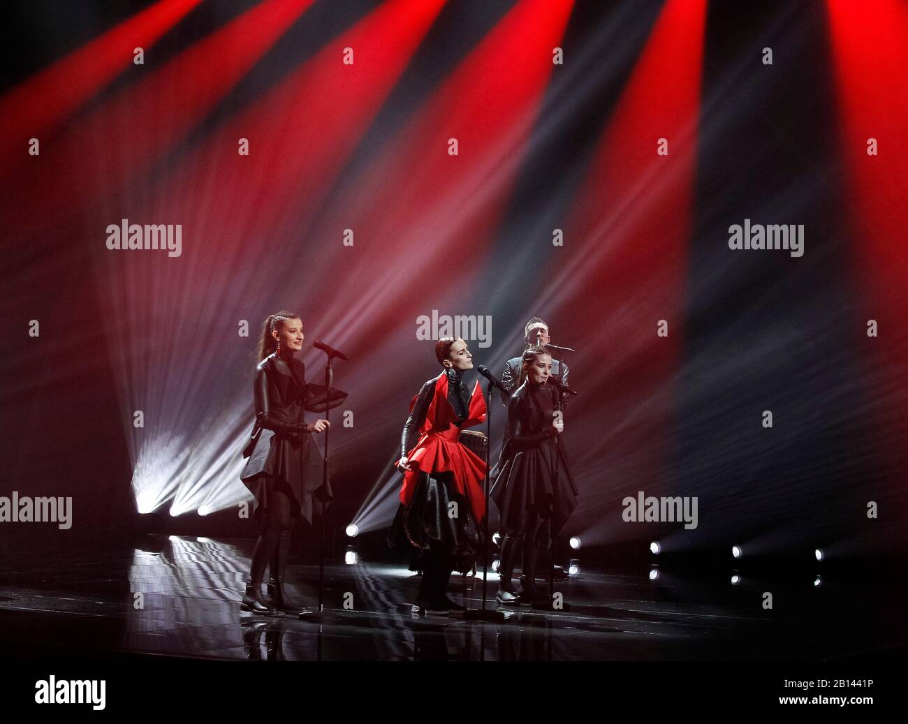 Kiev, Ukraine. 22nd Feb, 2020. Ukrainian band Go A perform live on a stage during the 2020 Eurovision Song Contest (ESC) national selection show in Kiev.Ukrainian band Go A with song Solovey will represent Ukraine at the 2020 Eurovision Song Contest (ESC) in Netherlands. The 65th anniversary Eurovision song contest will be held in Rotterdam (Netherlands) from May 12 to May 16, 2020. Ukraine, which missed the competition last year, intends to return to participation in 2020. Credit: SOPA Images Limited/Alamy Live News Stock Photo