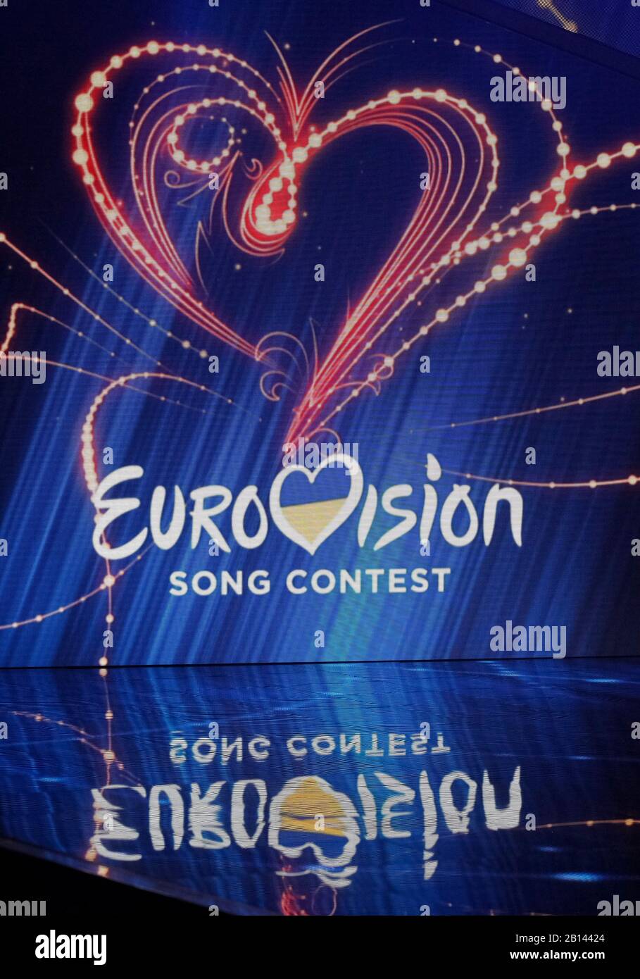 Kiev, Ukraine. 22nd Feb, 2020. The Eurovision Song Contest logo is seen on a screen during the 2020 Eurovision Song Contest (ESC) national selection show in Kiev.Ukrainian band Go A with song Solovey will represent Ukraine at the 2020 Eurovision Song Contest (ESC) in Netherlands. The 65th anniversary Eurovision song contest will be held in Rotterdam (Netherlands) from May 12 to May 16, 2020. Ukraine, which missed the competition last year, intends to return to participation in 2020. Credit: SOPA Images Limited/Alamy Live News Stock Photo