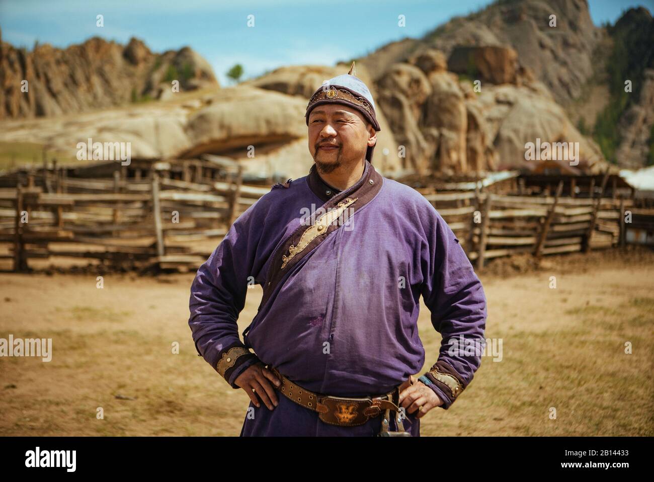 Nomad in traditional clothing, Mongolian Switzerland, Gobi Desert, Mongolia Stock Photo