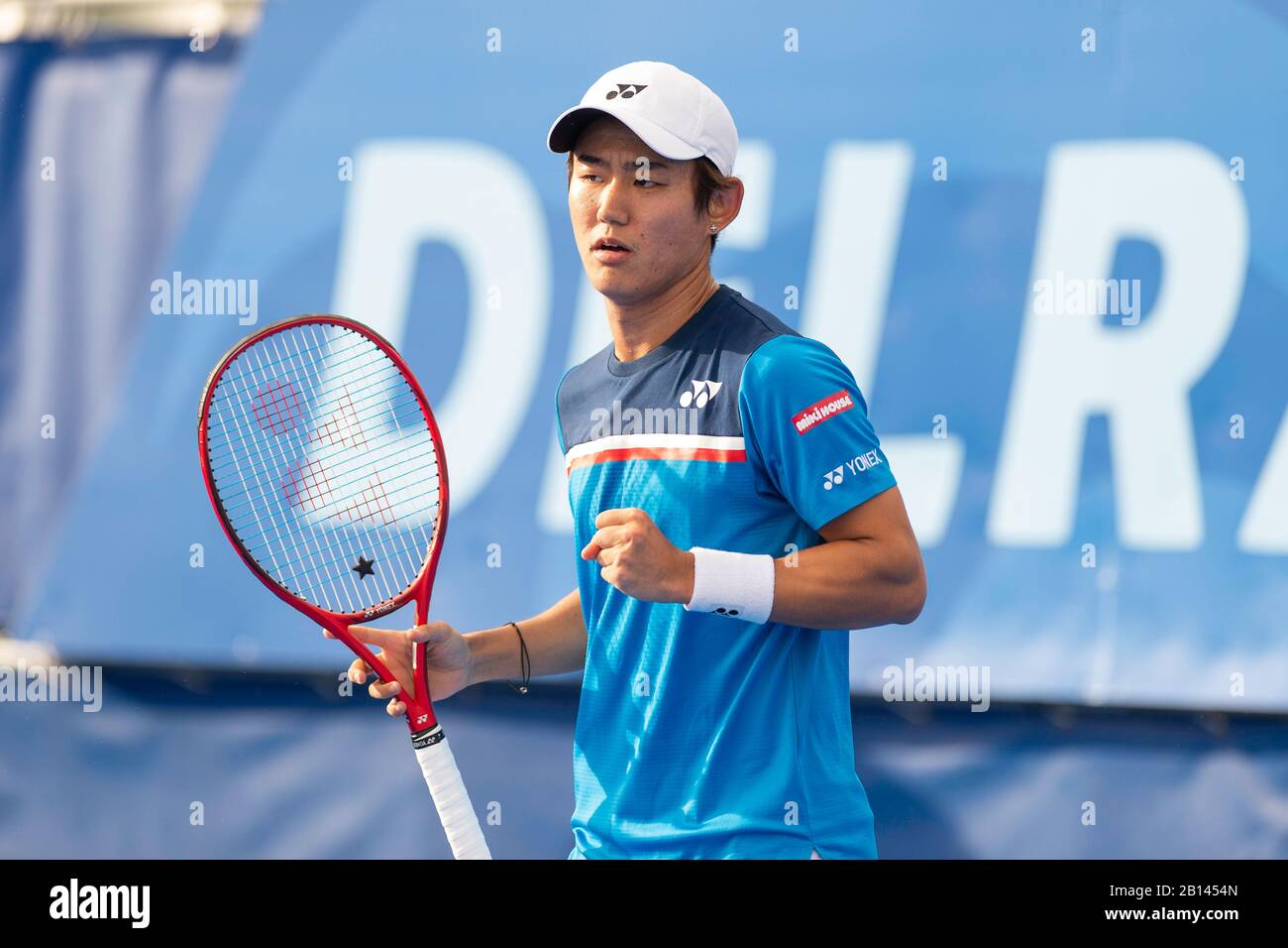 FEBRUARY 22 - Delray Beach: Yoshihito Nishioka(JPN) in action here defeats Ugo Humbert(FRA) in 3 sets to make the finals at the 2020 Delray Beach Open by Vitacost.com in Delray Beach, Florida.Credit: Andrew Patron/MediaPunch Stock Photo
