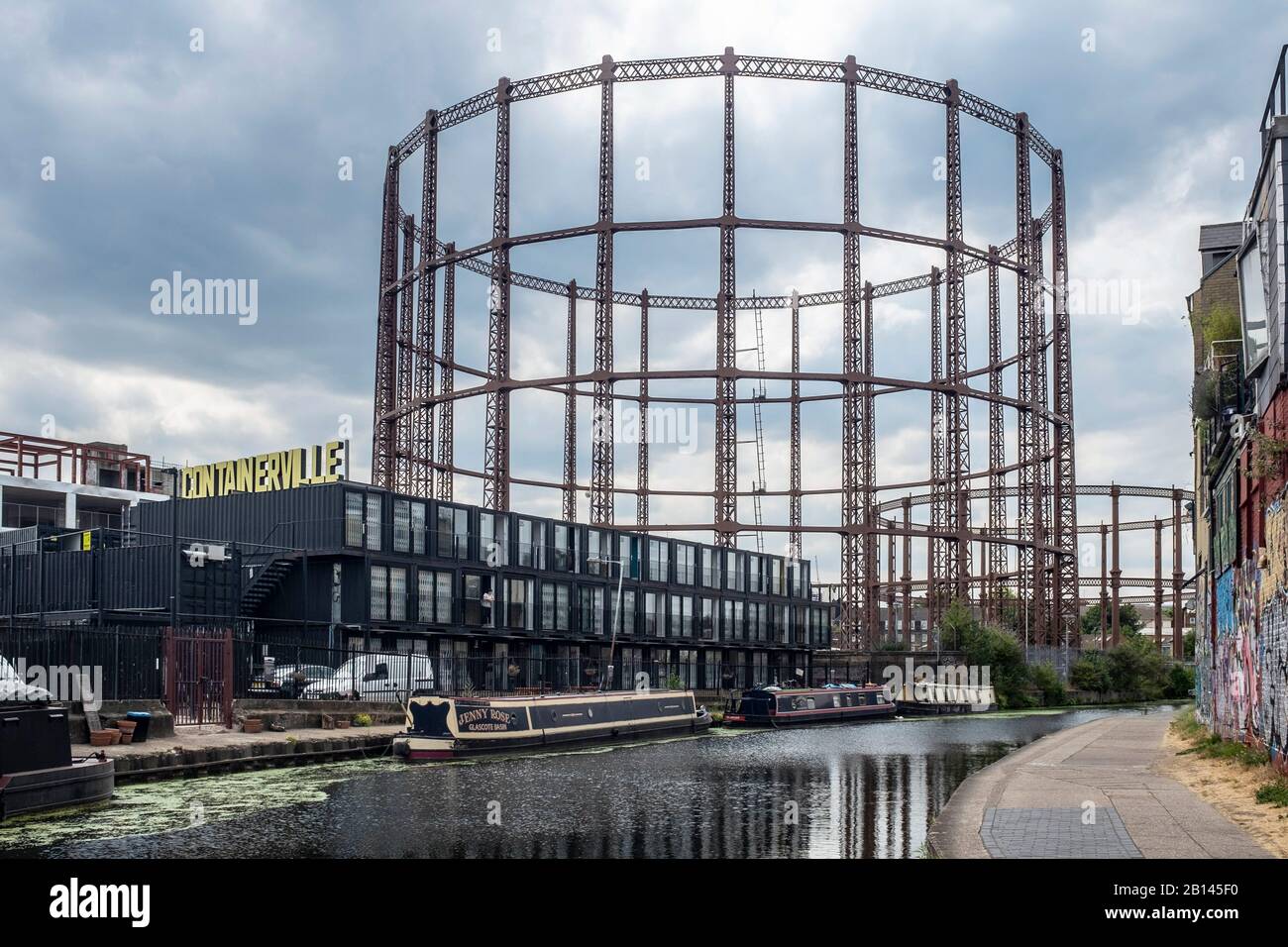 Victorian Gasometers at Regents Canal in Hackney, London Stock Photo