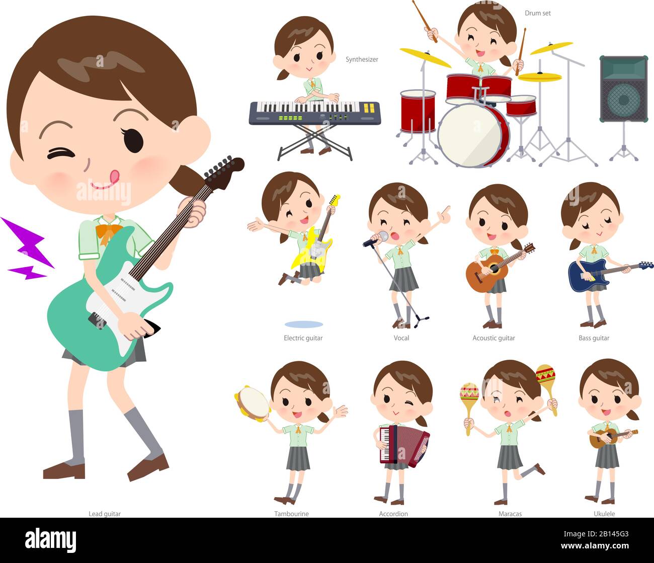A set of Short sleeve school girl playing rock 'n' roll and pop music.There  are also various instruments such as ukulele and tambourine.It's vector ar  Stock Vector Image & Art - Alamy