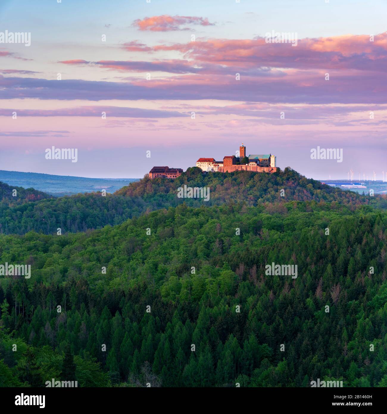 View from the Rennsteig to the Wartburg in the last evening light, Thuringian Forest, Eisenach, Thuringia, Germany Stock Photo