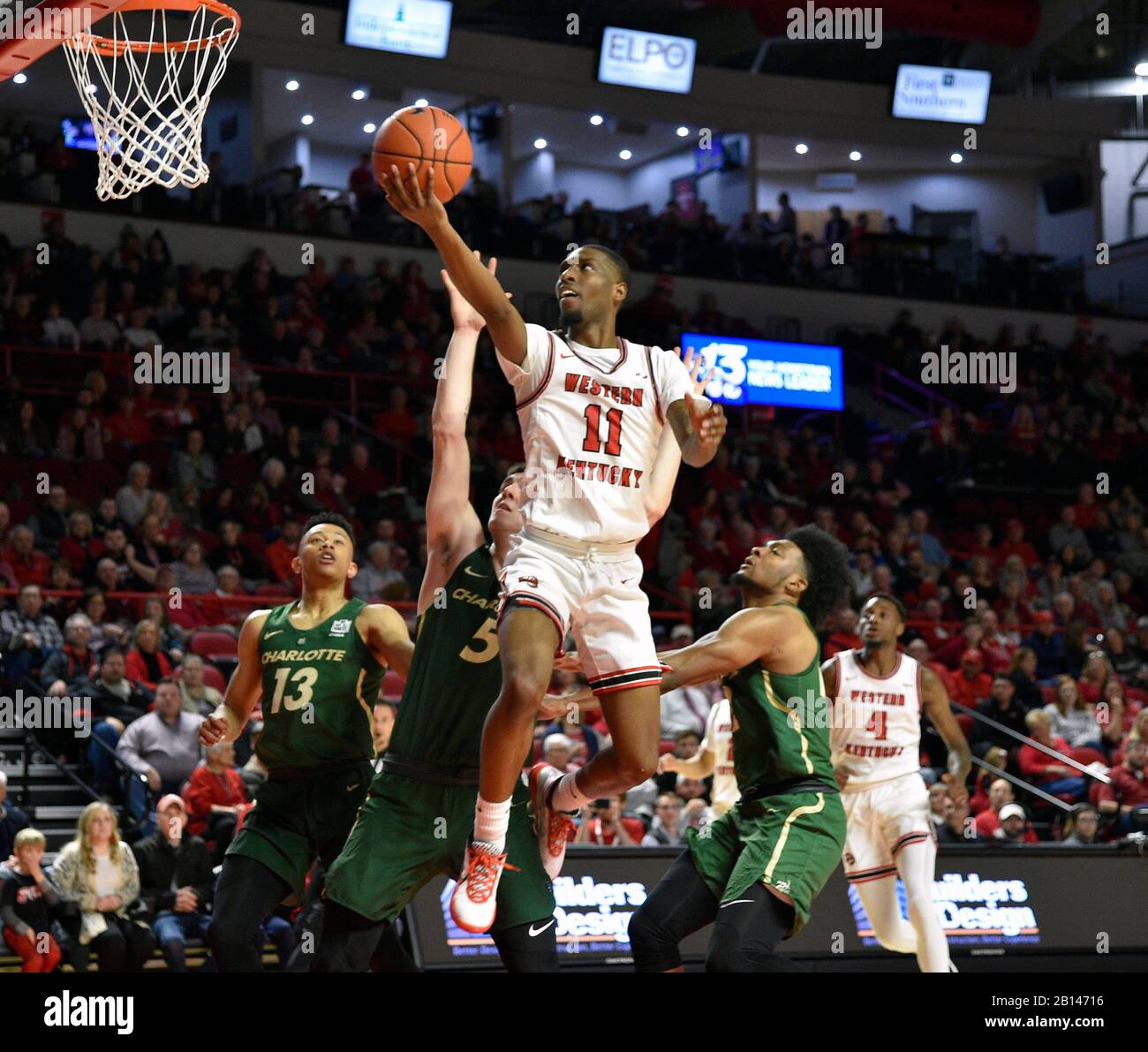 February 21, 2020: Western Kentucky Hilltoppers guard Taveion Hollingsworth (11) lays the ball in over Charlotte 49ers forward Milos Supica (5) during a NCAA basketball game between the Charlotte 49er's and the WKU Hilltoppers at E.A. Diddle Arena in Bowling Green, KY (Photo Credit: Steve Roberts.CSM) Stock Photo