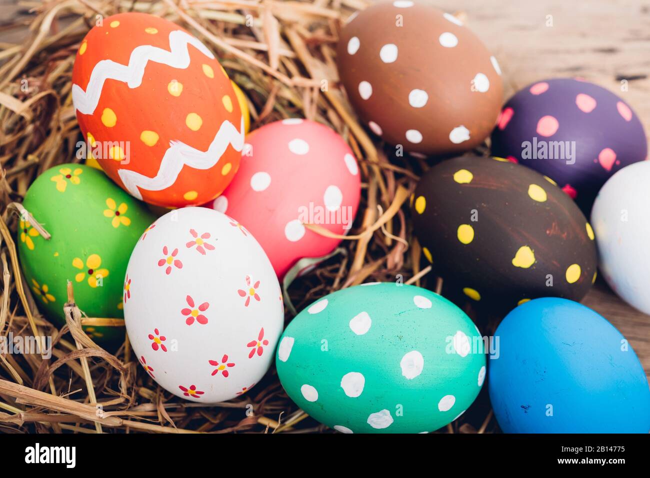 Beautiful Easter multi color egg in straw on wooden background, Easter day concept Stock Photo