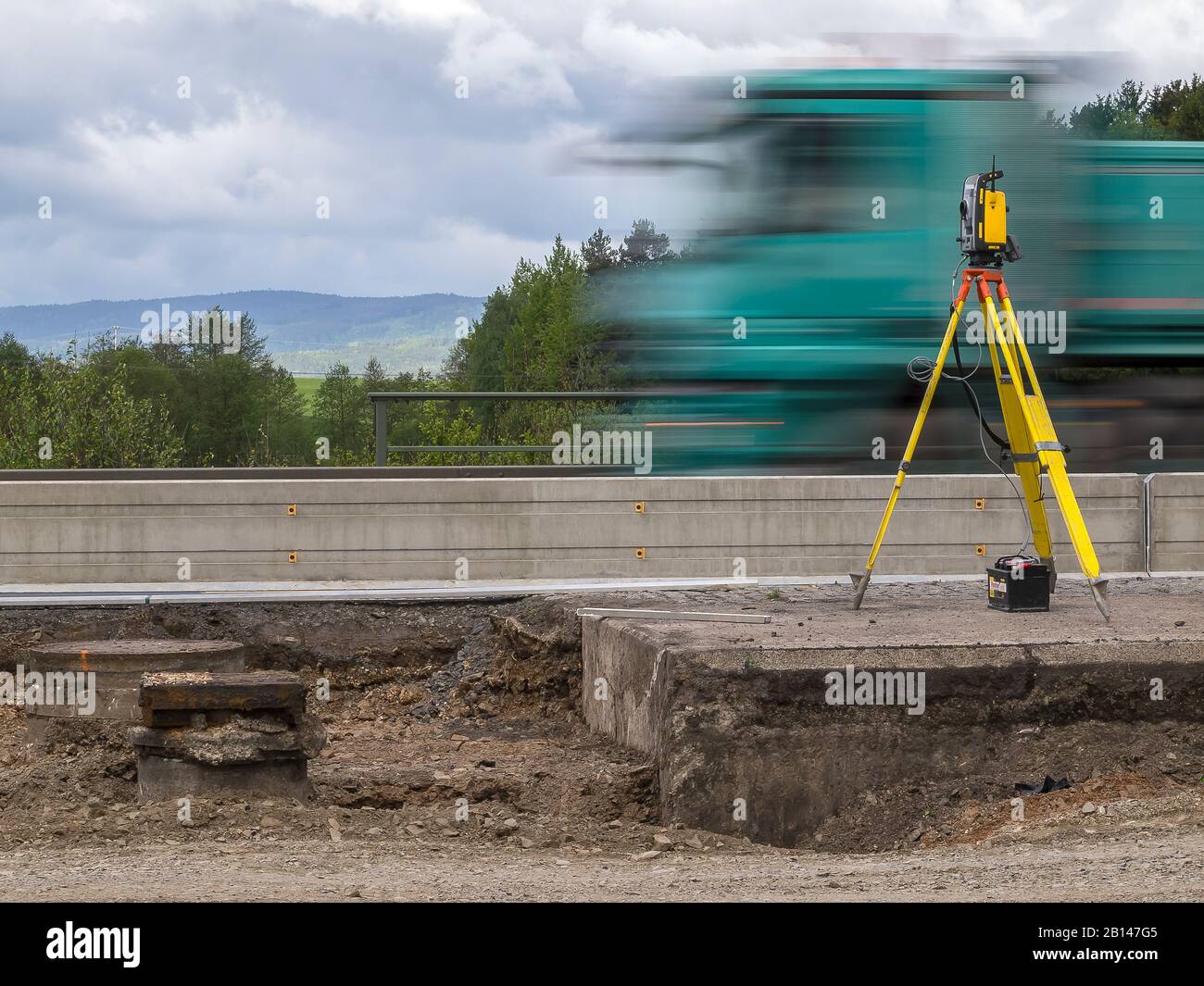 Laser measuring device, road construction Stock Photo